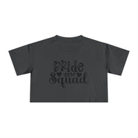 Printify eco-friendly bride squad crop top charcoal gray cropped tee with Bride Squad script print for bachelorette party