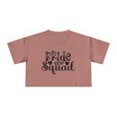Dusty rose crop top with black Bride Squad script and leaf graphic eco-friendly bride squad crop top from Printify