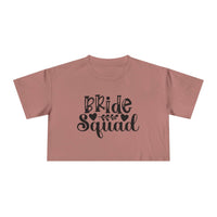 Dusty rose crop top with black Bride Squad script and leaf graphic eco-friendly bride squad crop top from Printify