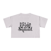 Printify eco-friendly bride squad crop top white cropped t shirt with black Bride Squad script design
