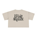 Printify beige cropped t shirt back view with black Bride Squad script and hearts eco-friendly bride squad crop top