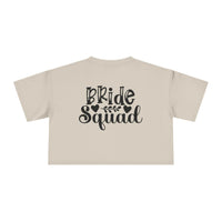 Printify beige cropped t shirt back view with black Bride Squad script and hearts eco-friendly bride squad crop top