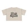eco-friendly bride squad crop top beige cropped tee with black Bride Squad script and leaf design