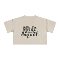 eco-friendly bride squad crop top beige cropped tee with black Bride Squad script and leaf design