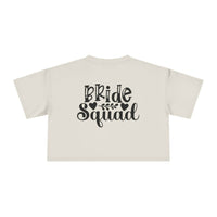 Printify eco-friendly bride squad crop top cream cropped T shirt back view with black Bride Squad script heart and leaf design