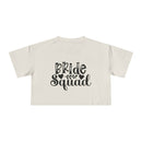 Printify eco-friendly bride squad crop top cream short sleeve cropped tee with black Bride Squad script and leaf design
