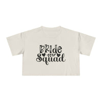 Printify eco-friendly bride squad crop top cream short sleeve cropped tee with black Bride Squad script and leaf design
