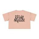 Printify blush crop t shirt back with black Bride Squad script and hearts eco-friendly bride squad crop top for bachelorette parties