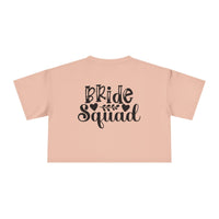 Printify blush crop t shirt back with black Bride Squad script and hearts eco-friendly bride squad crop top for bachelorette parties