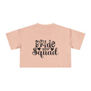 Printify eco-friendly bride squad crop top blush pink with black Bride Squad script and leaf design for wedding party