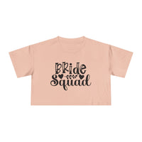 Printify eco-friendly bride squad crop top blush pink with black Bride Squad script and leaf design for wedding party