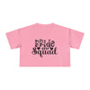 Pink Printify eco-friendly bride squad crop top with black Bride Squad script and leaf graphic boxy fit