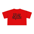 Red cropped T shirt back view with black Bride Squad graphic eco-friendly bride squad crop top for bachelorette groups