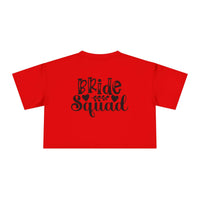 Red cropped T shirt back view with black Bride Squad graphic eco-friendly bride squad crop top for bachelorette groups