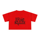 Red crop top with black Bride Squad script for bachelorette parties eco-friendly bride squad crop top