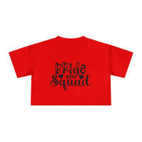 Red crop top with black Bride Squad script for bachelorette parties eco-friendly bride squad crop top