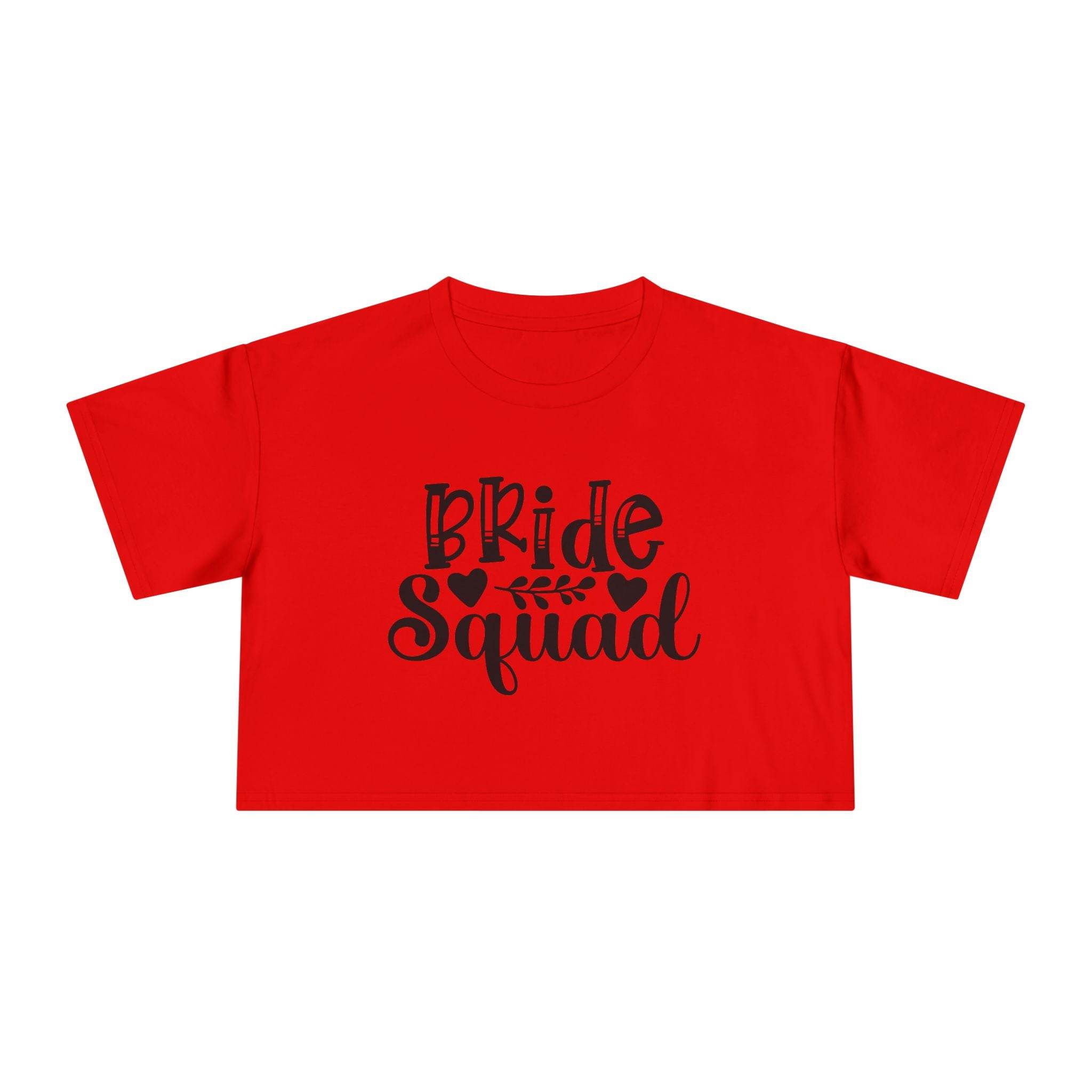 Red crop top with black Bride Squad script for bachelorette parties eco-friendly bride squad crop top
