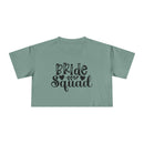 eco-friendly bride squad crop top in sage green with black Bride Squad script and leaf motif for bachelorette events