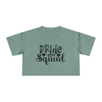 eco-friendly bride squad crop top in sage green with black Bride Squad script and leaf motif for bachelorette events