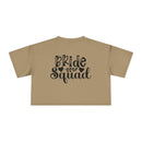 eco-friendly bride squad crop top beige cropped t shirt back view with black Bride Squad script and heart graphics