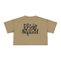 eco-friendly bride squad crop top beige cropped t shirt back view with black Bride Squad script and heart graphics