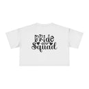 Printify white cropped t shirt with black Bride Squad script on back eco-friendly bride squad crop top for bachelorette