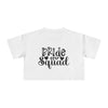 White crop T shirt with black Bride Squad script and leaf motif for bachelorette parties eco-friendly bride squad crop top