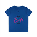 Printify blue v neck eco-friendly bride t-shirt with pink Bride script text reading In my Bride era
