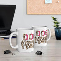 Printify eco friendly ceramic dog mom mug featuring two white mugs with leopard print DOG letters on office desk