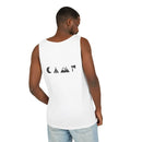 Male model back view wearing a Printify white eco-friendly unisex tank top with black camping icons