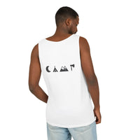 Male model back view wearing a Printify white eco-friendly unisex tank top with black camping icons