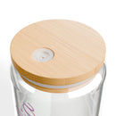 Printify personalized glass sipper with bamboo lid showing top bamboo lid with silicone seal and drinking valve