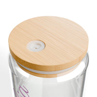Printify personalized glass sipper with bamboo lid showing top bamboo lid with silicone seal and drinking valve