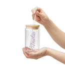 Printify personalized glass sipper with bamboo lid clear glass jar with bamboo lid straw and Amelia script name held in hands