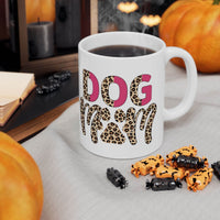 White eco friendly ceramic dog mom mug with leopard print DOG MOM design steaming coffee and pumpkins