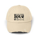Printify distressed beige baseball cap with Loyal Friend love without end paw print design eco-friendly pet lover hat