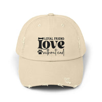 Printify distressed beige baseball cap with Loyal Friend love without end paw print design eco-friendly pet lover hat
