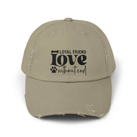 Khaki distressed baseball cap with black Loyal Friend love without end paw print design eco-friendly pet lover hat