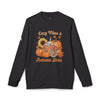 Printify black crewneck eco-friendly autumn sweatshirt with pumpkins sunflower mug and Cozy Vibes Autumn Skies print