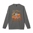 Printify grey crewneck sweatshirt featuring Cozy Vibes and Autumn Skies pumpkin sunflower mug print eco-friendly autumn sweatshirt