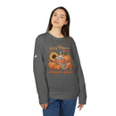 Printify eco-friendly autumn sweatshirt gray crewneck with Cozy Vibes Autumn Skies pumpkin sunflower mug graphic on model