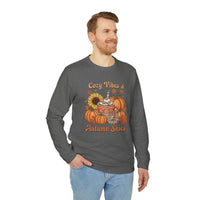 Printify mens gray sweatshirt with Cozy Vibes and Autumn Skies pumpkin sunflower mug print eco-friendly autumn sweatshirt
