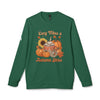 Printify green sweatshirt featuring Cozy Vibes and Autumn Skies design with pumpkins sunflower and mug eco-friendly autumn sweatshirt