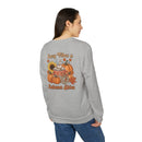 Printify gray sweatshirt with pumpkins sunflower and coffee mug back print cozy fit eco-friendly autumn sweatshirt for fall layering