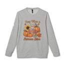 Printify grey crewneck sweatshirt with Cozy Vibes and Autumn Skies print pumpkins sunflower mug eco-friendly autumn sweatshirt