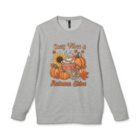 Printify grey crewneck sweatshirt with Cozy Vibes and Autumn Skies print pumpkins sunflower mug eco-friendly autumn sweatshirt