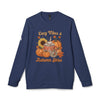 Printify navy sweatshirt with Cozy Vibes and Autumn Skies pumpkin sunflower mug design eco-friendly autumn sweatshirt