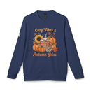 Printify navy sweatshirt with Cozy Vibes and Autumn Skies pumpkin sunflower mug design eco-friendly autumn sweatshirt