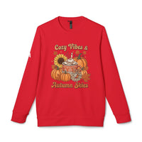 Red crewneck with Cozy Vibes and Autumn Skies print showing hot cocoa mug, pumpkins and sunflower eco-friendly autumn sweatshirt