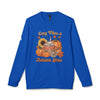 Printify blue crewneck sweatshirt with pumpkin mug and sunflowers Cozy Vibes and Autumn Skies eco-friendly autumn sweatshirt